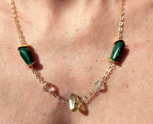Collana in Ag925 placcato oro con cristallo ceco, quarzo citrino e malachite