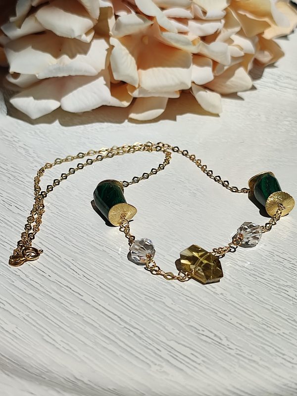 Collana in Ag925 placcato oro con cristallo ceco, quarzo citrino e malachite