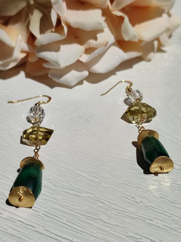 Orecchini “Crystal&Stone” in Ag925 placcato oro con cristallo ceco, quarzo citrino e malachite